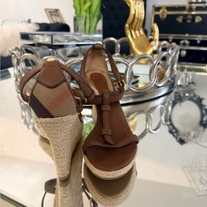 Burberry Brown Leather And Rope Espadrille Wedge Sandals House Check authentic